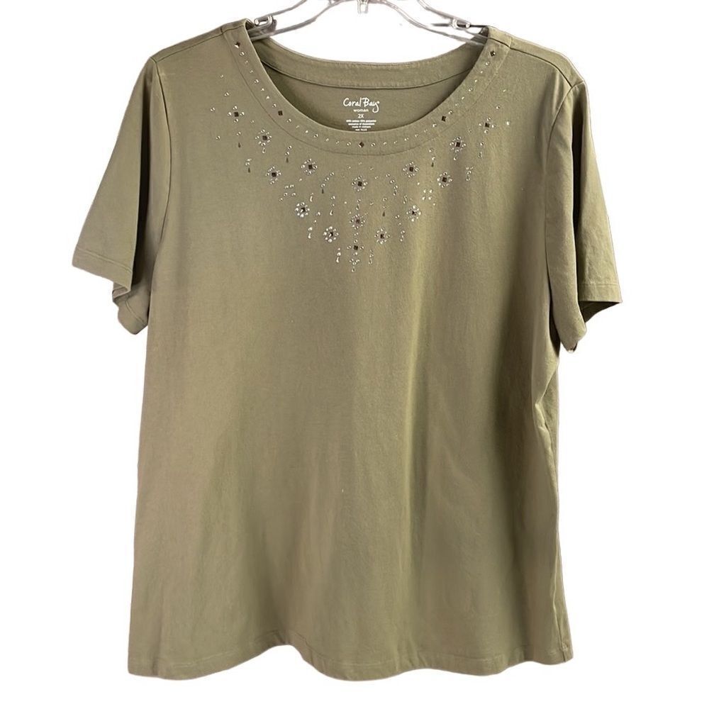 CORAL BAY Womens Plus Size Green Embellished Neckline Short Sleeve Size 2X Green
